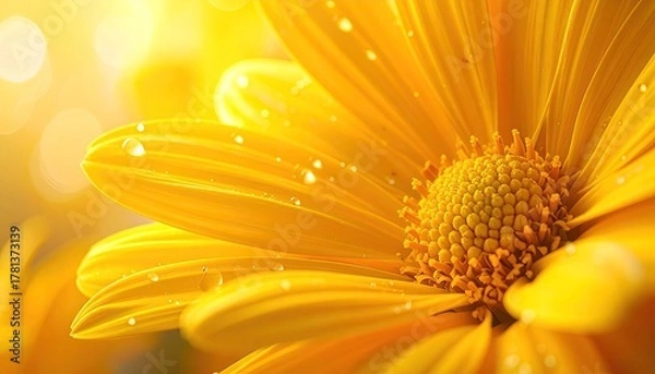 Fototapeta Close Up Of A Vibrant Yellow Daisy With Water Droplets Reflecting Bright Sunlight And Soft Bokeh Background