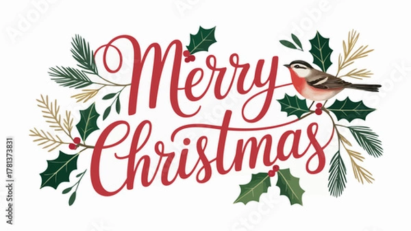 Fototapeta Charming robin bird perched on holly branch with merry christmas script and festive greenery