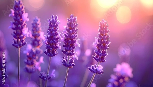 Fototapeta Close up of purple lavender flowers in bloom during a soft golden hour sunset with bokeh lights in the background and a gentle pink hue across the scene