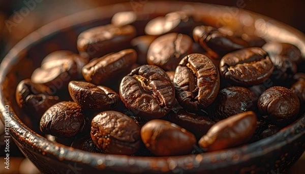 Fototapeta Close up of rich dark roasted coffee beans scattered on a rustic wooden surface with warm natural light creating a cozy atmosphere and highlighting the texture of the beans