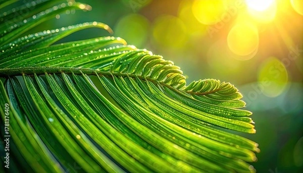Fototapeta Close up of vibrant green palm leaf with dew drops glistening in warm golden sunlight and soft bokeh background
