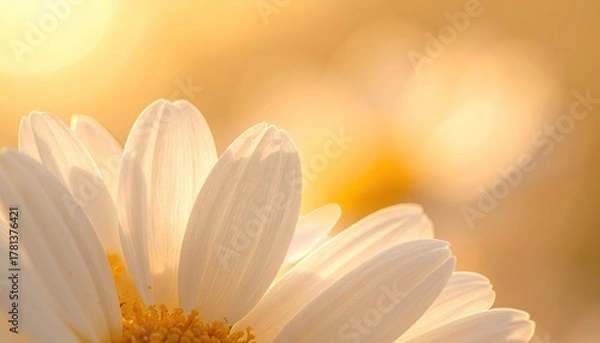 Fototapeta Close Up Of White Daisy Petals Illuminated By Golden Sunlight With Soft Yellow Bokeh Background