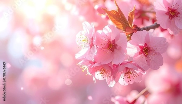 Fototapeta Delicate pink cherry blossoms bathed in warm sunlight with a soft focus background of bokeh lights creating a serene and gentle spring atmosphere.