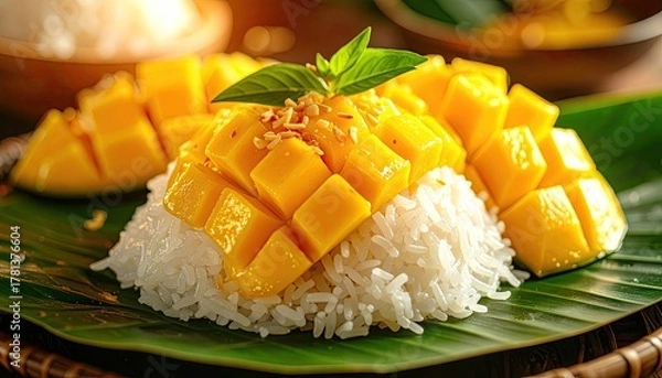 Fototapeta Delicious Mango Sticky Rice Dessert Served on Banana Leaf with Fresh Mint Garnish and Toasted Sesame Seeds in a Warm Natural Light Setting