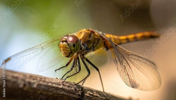 Fototapeta Detailed Macro Close-Up Of An Orange Dragonfly Resting On A Textured Branch With Translucent Wings And Soft Natural Lighting Creating A Serene Atmosphere