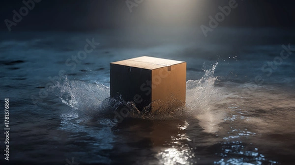 Obraz Cardboard box splashing into water under dramatic lighting, reflective surface