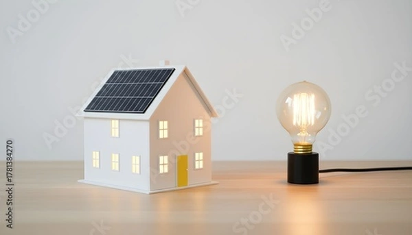 Fototapeta Model house with solar panels on the roof next to a lit light bulb, representing renewable home energy and sustainability.