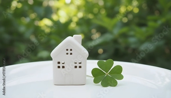 Fototapeta A miniature white house model sits next to a lucky four-leaf clover against a green background.