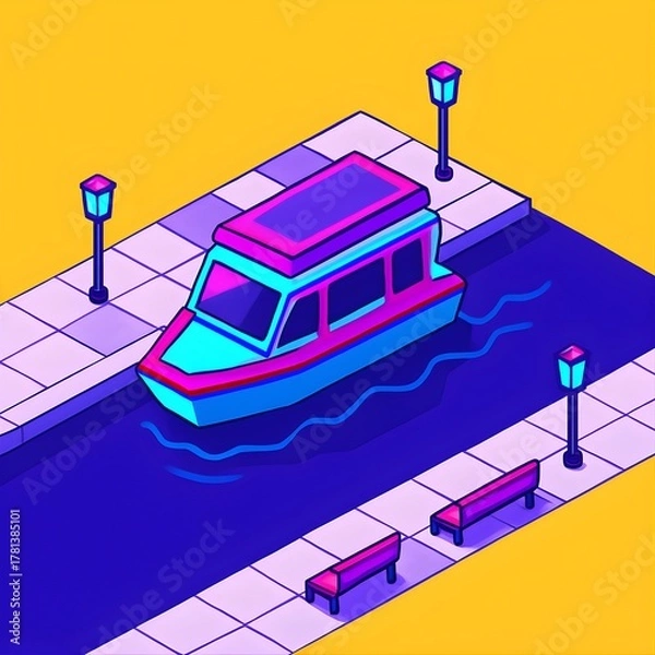 Fototapeta Colorful Isometric Canal Boat Illustration A Vibrant River Journey