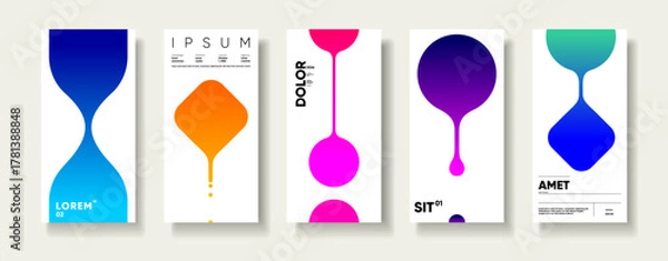 Fototapeta A set of five modern abstract posters featuring vibrant gradient shapes and minimalist typography. Each design showcases unique color combinations and geometric forms