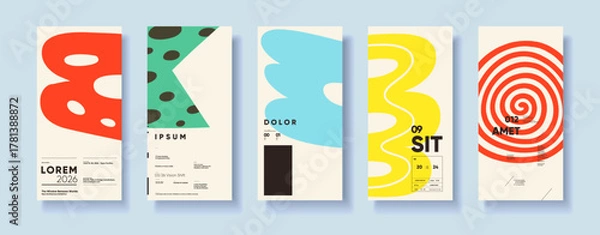 Fototapeta A set of five abstract posters featuring bold, colorful designs with geometric shapes and modern typography. Each poster showcases a unique pattern and color scheme