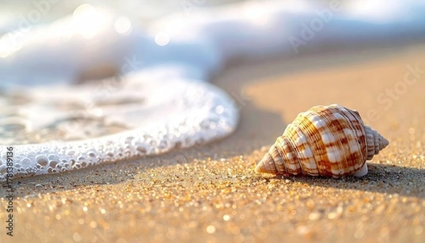 Obraz Seashell on Sandy Beach with Gentle Wave Foam and Sunlight Sparkle