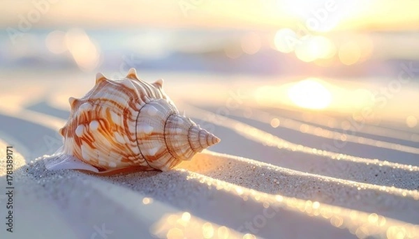 Fototapeta Seashell resting on pristine white sand beach at golden hour with calm ocean waves and warm sunlight creating bokeh effect