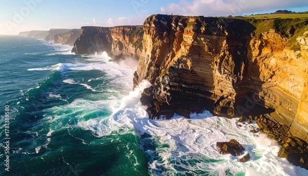 Obraz Dramatic ocean waves crash against rugged orange and brown cliffs under a bright blue sky with wispy clouds and golden sunlight illuminating the scene