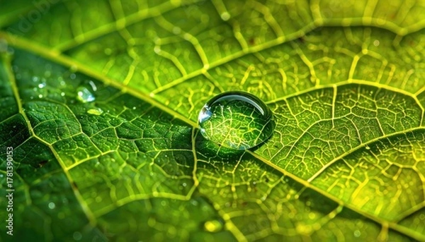 Fototapeta Macro Closeup Of A Single Water Droplet Resting On A Vibrant Green Leaf With Intricate Vein Patterns And Sparkling Dewdrops Under Natural Lighting