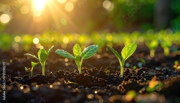 Obraz New green seedlings emerge from dark soil bathed in warm golden sunlight creating a hopeful natural growth scene