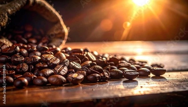 Obraz Roasted coffee beans spill from burlap sack onto rustic wooden surface with warm sunrise lens flare in background