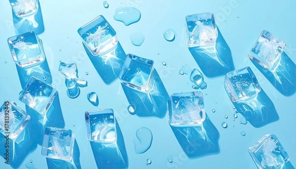 Fototapeta Refreshing Clear Ice Cubes Scattered On A Vibrant Light Blue Background With Water Droplets And Subtle Shadows