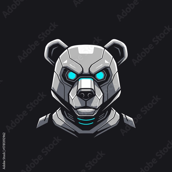 Fototapeta Robotic Panda Head with Glowing Blue Eyes on a Dark Background.