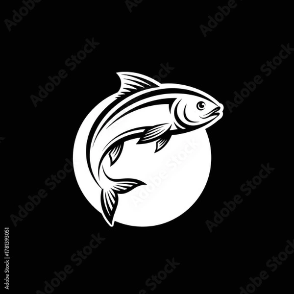 Fototapeta Stylized Fish Illustration in a White Circle on a Black Background.