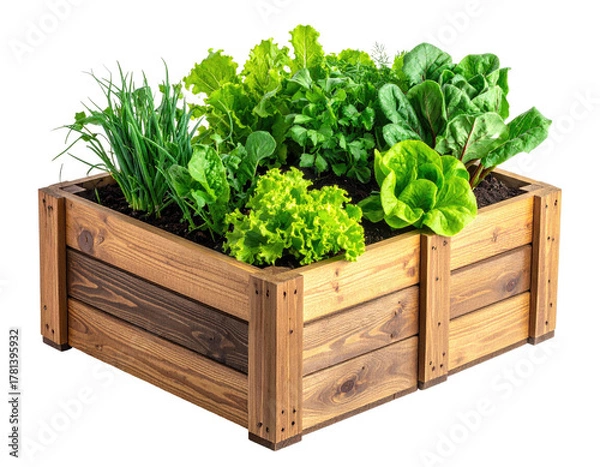 Fototapeta Raised wooden garden bed overflowing with leafy greens