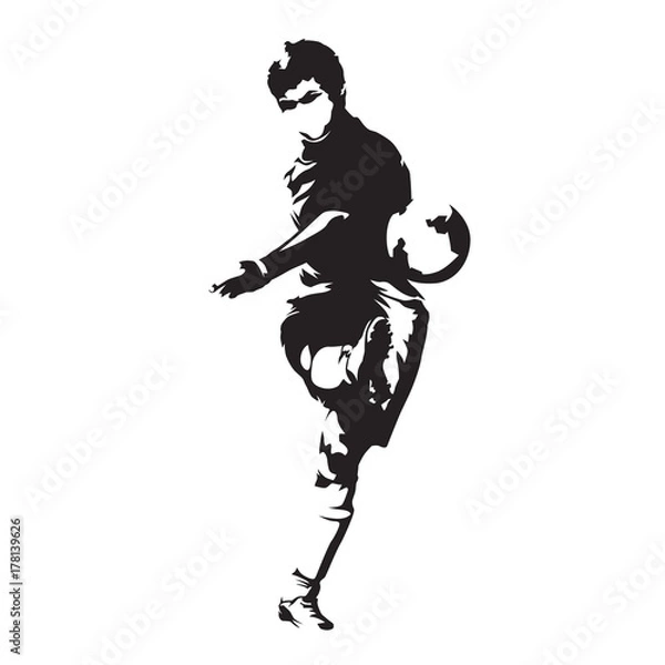 Fototapeta Soccer player kicking ball, abstract vector silhouette