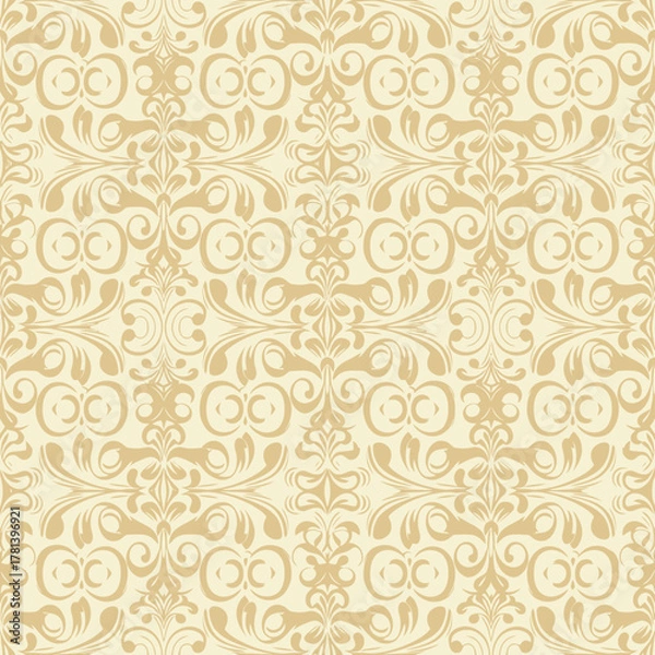 Fototapeta Elegant vintage seamless damask pattern with ornate swirls and scrolls for classic wallpaper design.