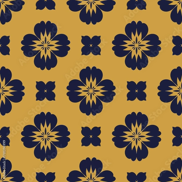 Fototapeta Retro floral seamless pattern with dark blue symmetrical flowers on a gold background.