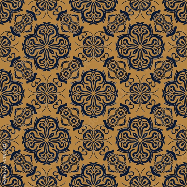 Fototapeta Seamless luxury ornamental pattern with intricate blue floral motifs on a golden background.