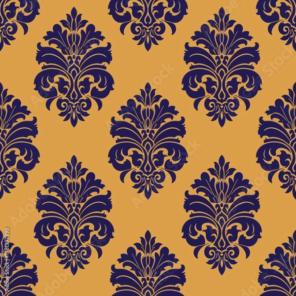 Fototapeta Seamless royal damask pattern with blue ornaments on a gold background.