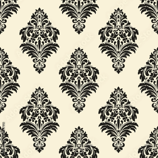 Fototapeta Seamless vintage damask pattern with black floral ornaments on a light background.