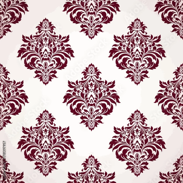 Fototapeta Seamless vintage damask pattern with red floral ornaments on a light background.
