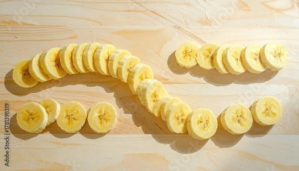 Obraz Sliced Bananas Arranged in a Wave Pattern on a Light Wooden Surface illuminated by Natural Sunlight Creating a Textured and Appealing Culinary Composition