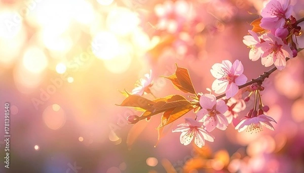 Obraz Soft Focus Close Up Of Delicate Pink Cherry Blossoms In Early Morning Sunlight With Bokeh Background And Golden Hour Lighting
