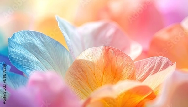 Obraz Soft focus macro shot of delicate flower petals in pastel hues of pink orange and blue with shimmering highlights and diffused sunlight creating a dreamy ethereal atmosphere