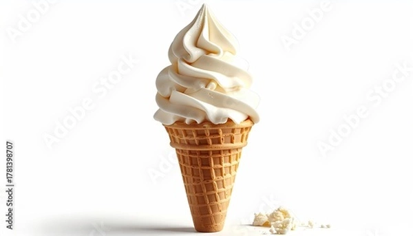 Obraz Soft Serve Vanilla Ice Cream Cone Against a Clean White Background With Crumbs Scattered Nearby