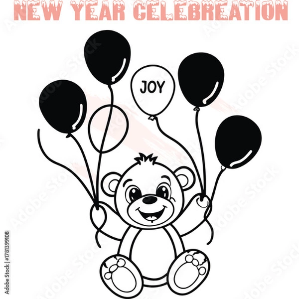 Fototapeta Happy teddy bear holding balloons with the word Joy for New Year celebration