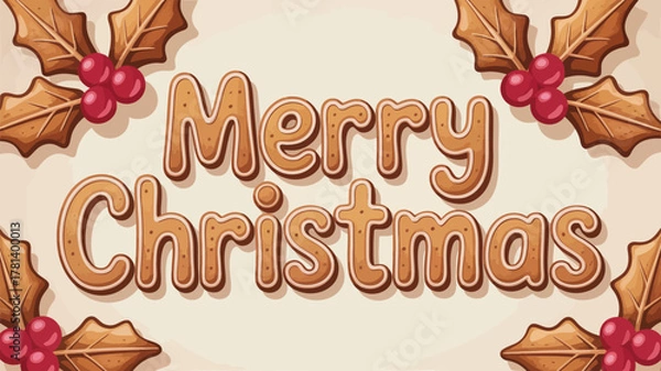 Fototapeta Festive merry christmas greeting text made of gingerbread cookies surrounded by holly leaves and berries