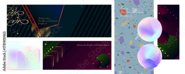 Fototapeta random set of New Year's and Christmas backgrounds for social media, prints, graphic arts, and design. The collection includes foil, luxury navy blue, and gold