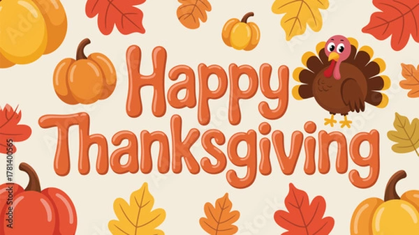 Fototapeta Cute cartoon turkey and pumpkins decorate happy thanksgiving greeting card with autumn leaves