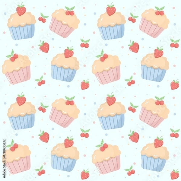 Fototapeta Sweet Strawberry and Cherry Cupcake Dessert seamless Pattern