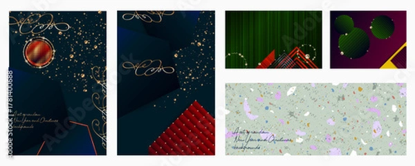 Fototapeta Random set of New Year's and Christmas backgrounds for social media, prints, graphic arts, and design. The collection includes foil, luxury navy blue, and gold