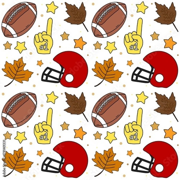 Obraz Autumn Football Game Day Celebration Elements seamless pattern white background