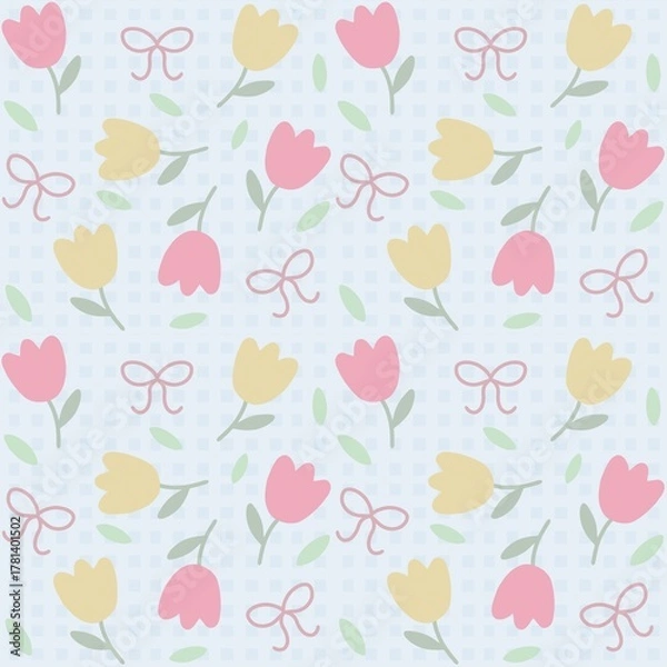 Fototapeta Sweet Pastel Tulip and Bow seamless Pattern