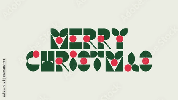 Fototapeta Modern geometric merry christmas typography with holly berries and leaves
