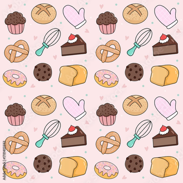 Obraz Cute Bakery Treats and Baking Tools Collection Seamless pattern design