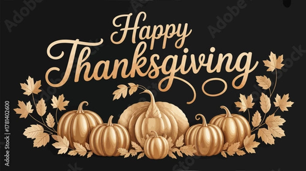 Fototapeta Elegant golden happy thanksgiving greeting with pumpkins and autumn leaves on black background