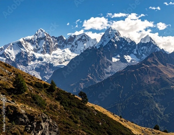 Obraz Majestic mountain landscape with snow-capped peaks, clear blue sky, scenic view.