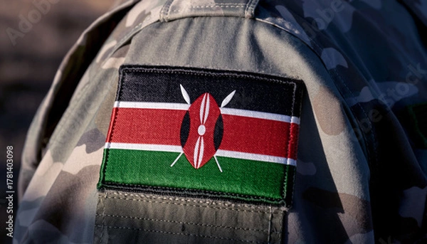 Fototapeta Kenya's flag emblem on military camouflage uniform represents patriotism, honor and courage, symbol of national identity, ideal for patriotic themes.