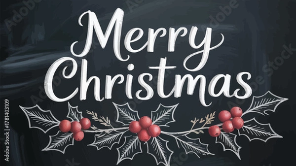 Fototapeta Merry christmas handwritten text on a chalkboard background with festive holly and berries decoration